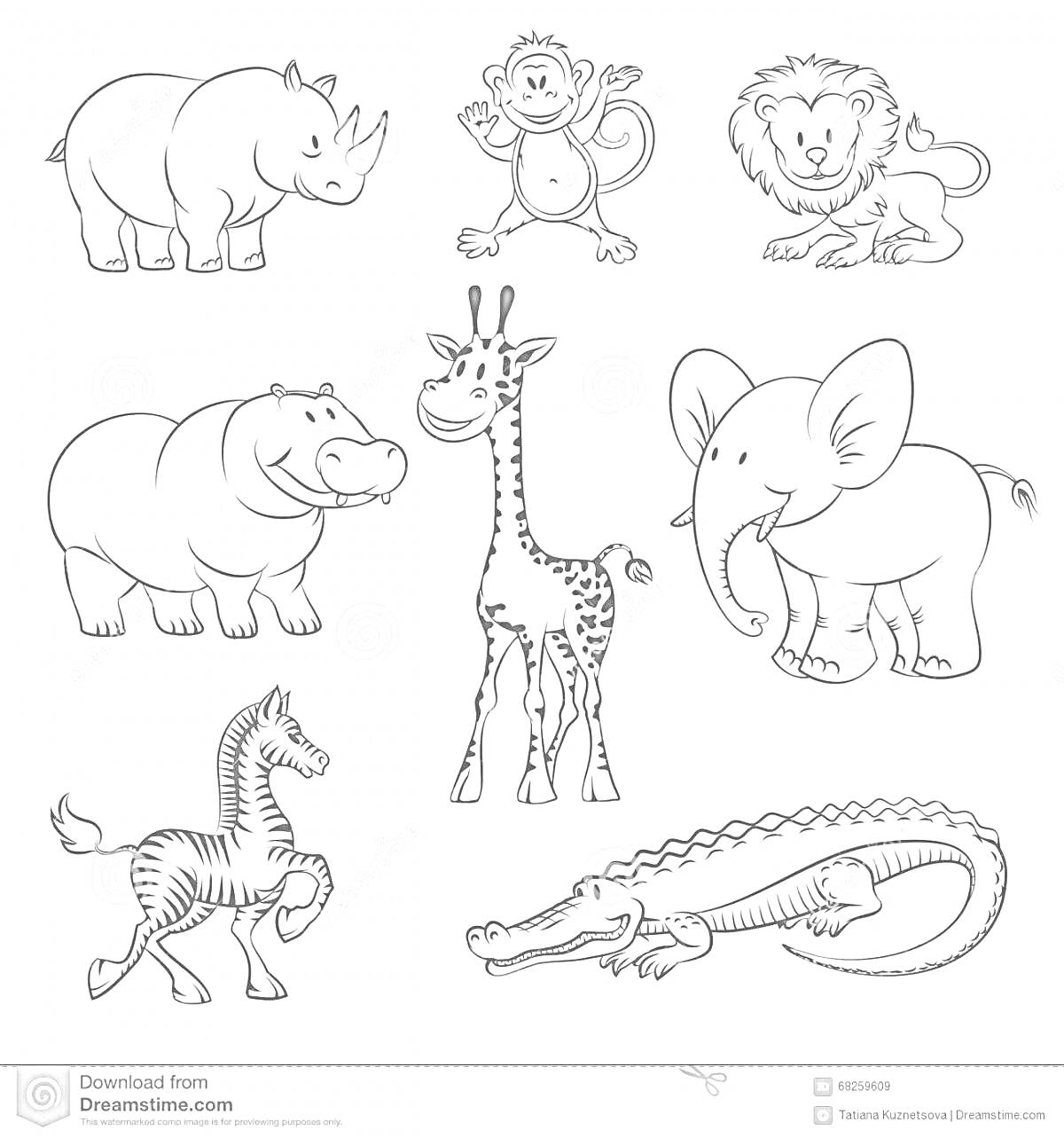 РаскраскаЖивотные Африки: носорог, обезьяна, лев, бегемот, жираф, слон, зебра, крокодил