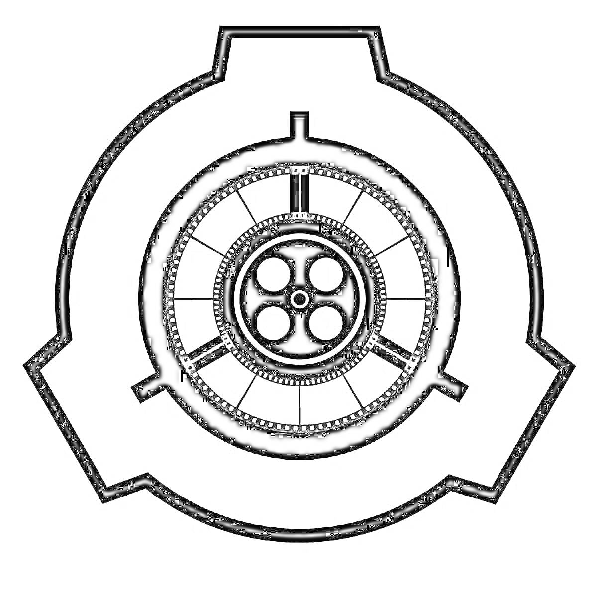 Раскраска Логотип SCP Фонда с концентрическими кругами и четырьмя окружностями по центру