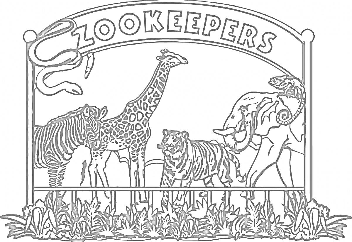 Раскраска Зоопарк с зеброй, жирафом, тигром, слоном, змейкой и ящерицей