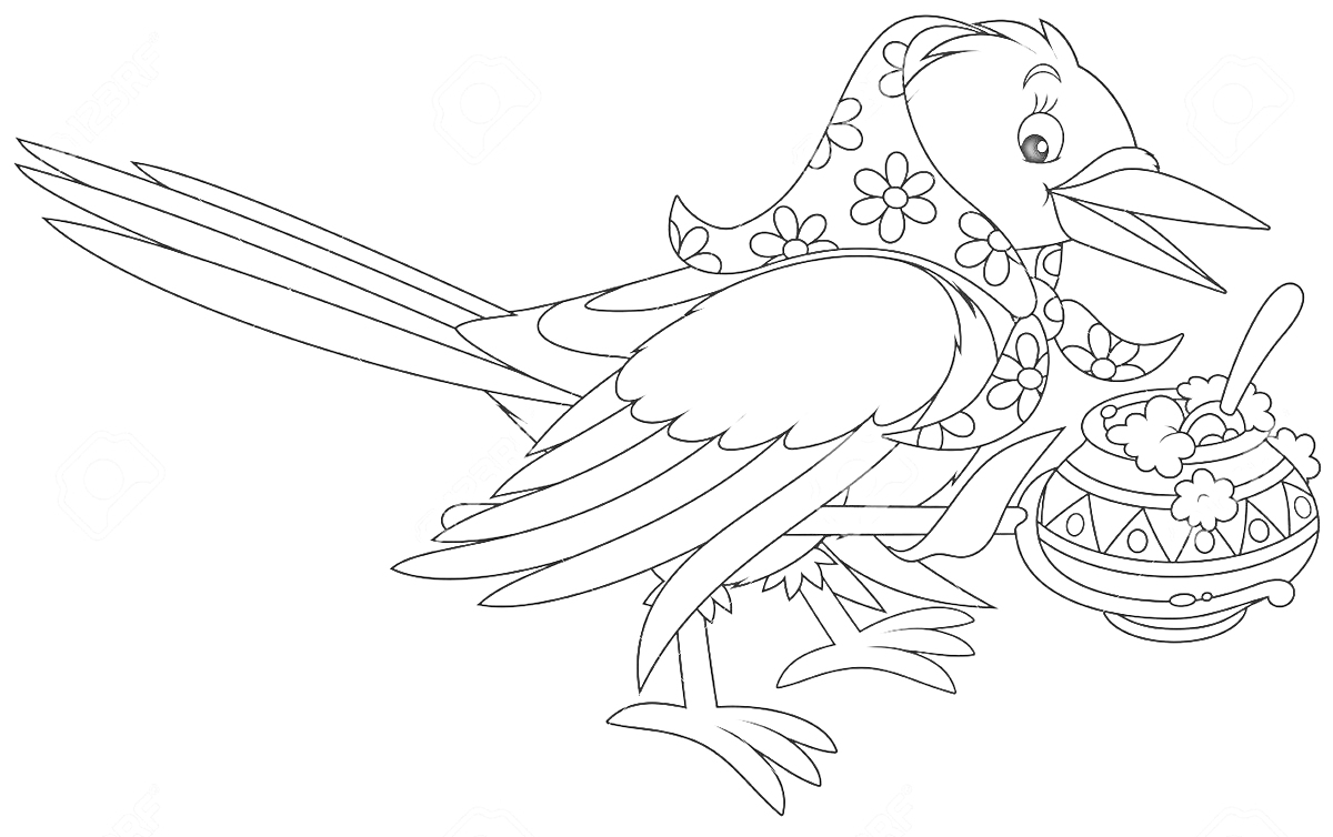 Раскраска Сорока с узорчатым платком, несущая цветочный горшочек с ложкой