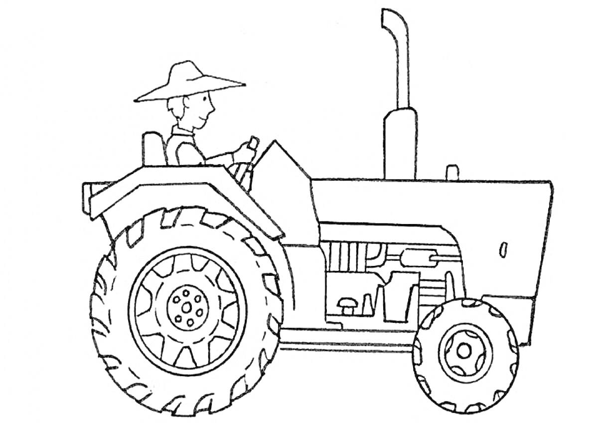 Раскраска Трактор с водителем в шляпе