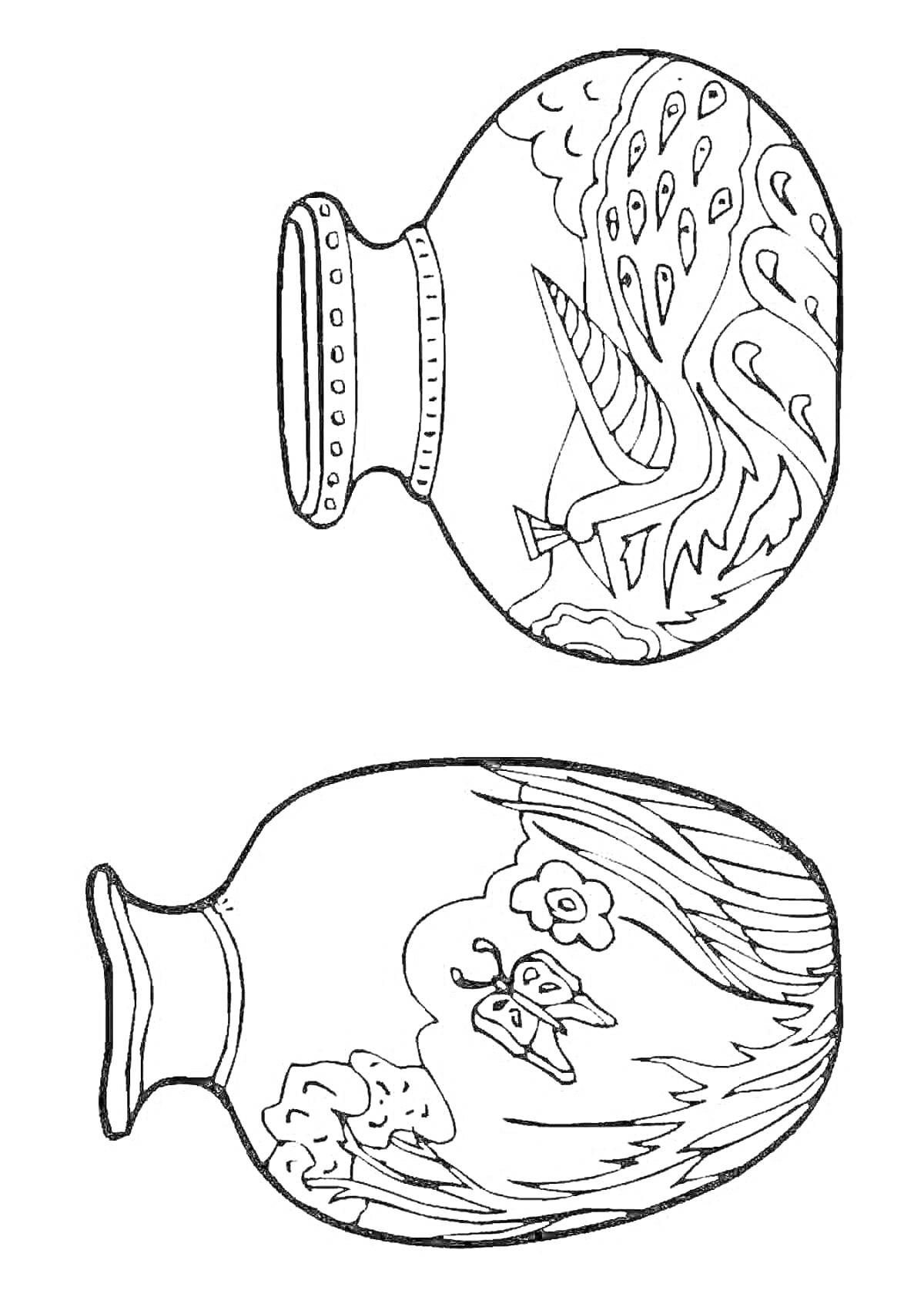 Раскраска Раскраска с двумя торсыками, украшенными рисунками птиц и бабочек