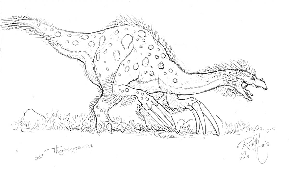 Раскраска Теризинозавр в траве с пятнистыми отметками и длинными когтями
