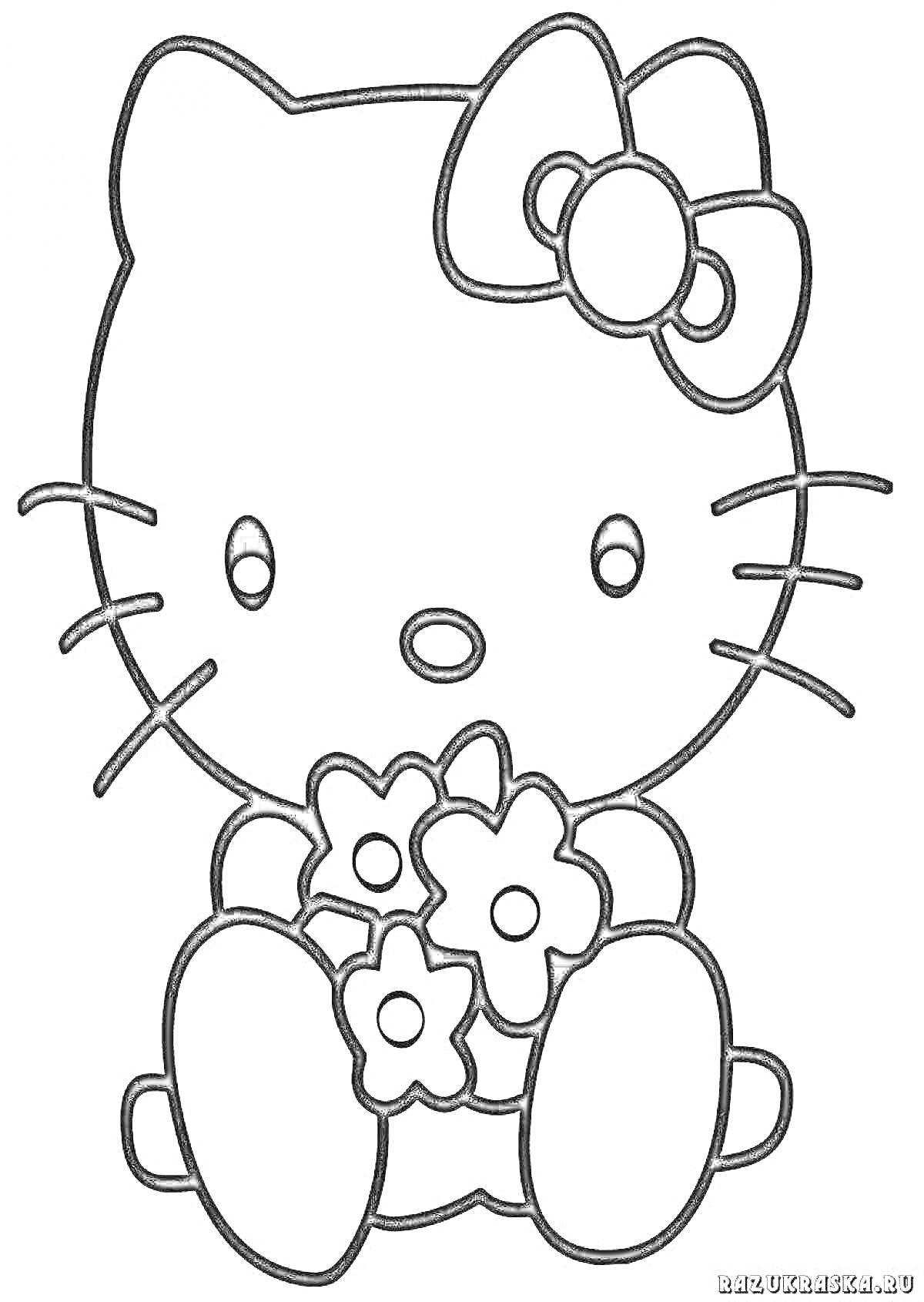 Раскраска Hello Kitty с цветами на голове и в руках