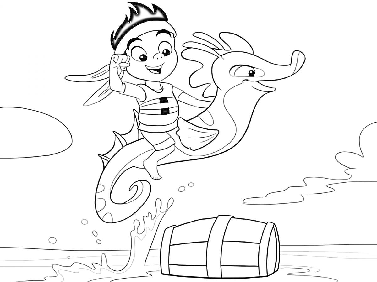 Раскраска Джейк на морском драконе с бочкой на море