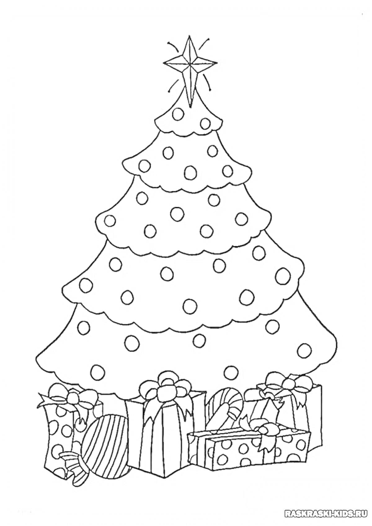 На раскраске изображено: Новогодняя елка, Игрушки, Шары, Новогодние игрушки, Подарки, Новый год, Для детей
