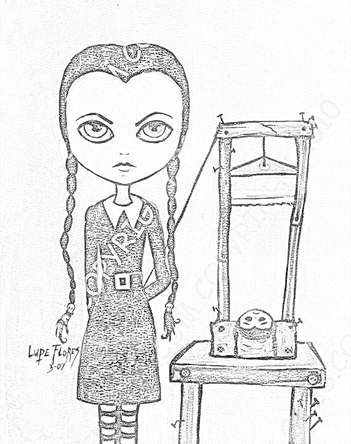 Раскраска Девочка с косичками в черном платье рядом с гильотиной и маской черепа