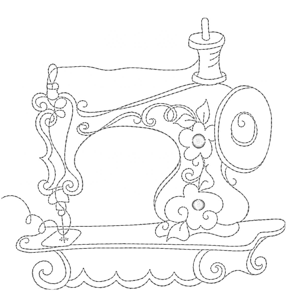 Раскраска Швейная машинка с декоративными цветами и узорами