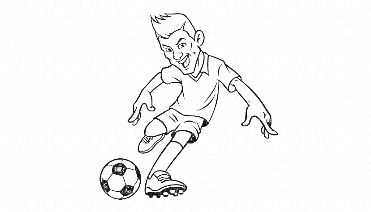 На раскраске изображено: Футболист, Футбол, Спортивная форма, Игра, Удар, Спорт, Обувь, Движение