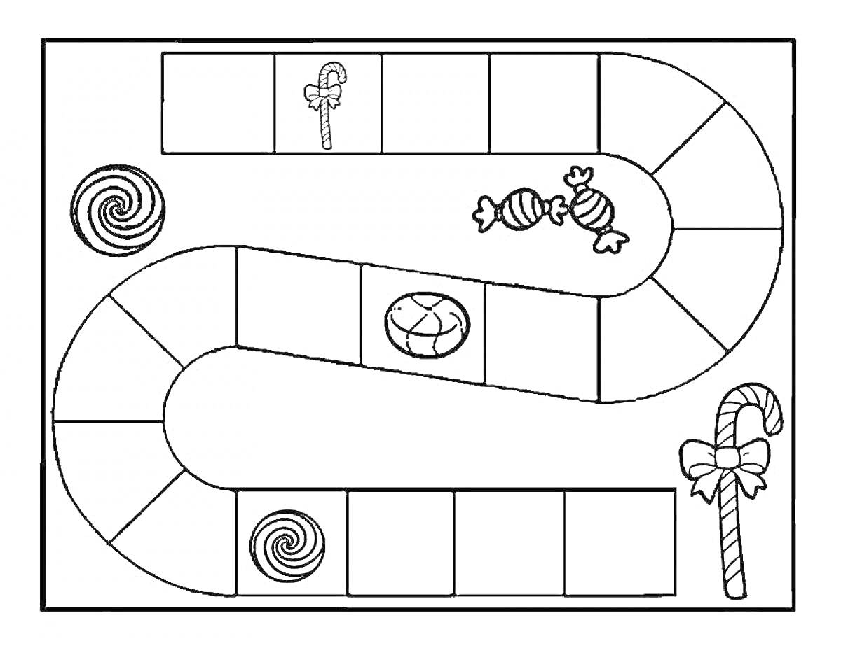 Раскраска Настольная игра с леденцом на палочке, завернутыми конфетами, конфетами в виде закрученных спиралей, палочкой с бантиком.