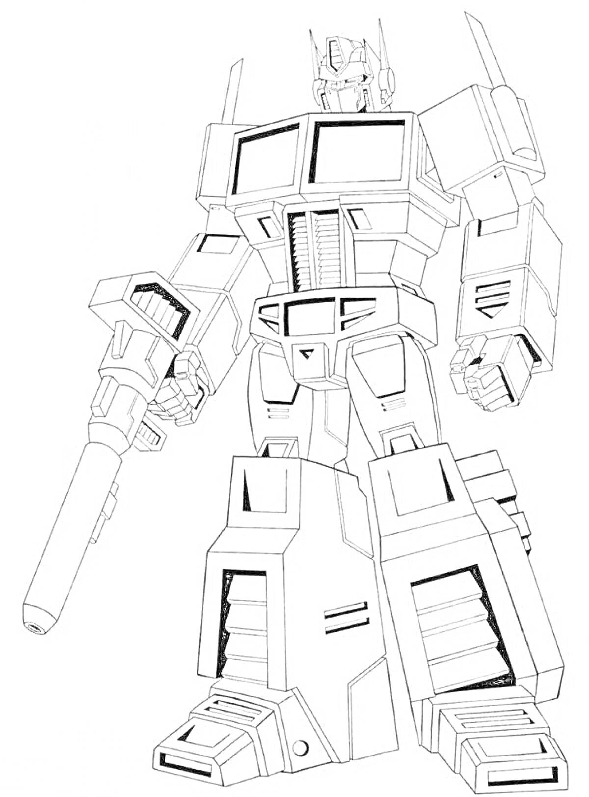 На раскраске изображено: Оптимус Прайм, Трансформеры, Робот, Оружие, Для детей