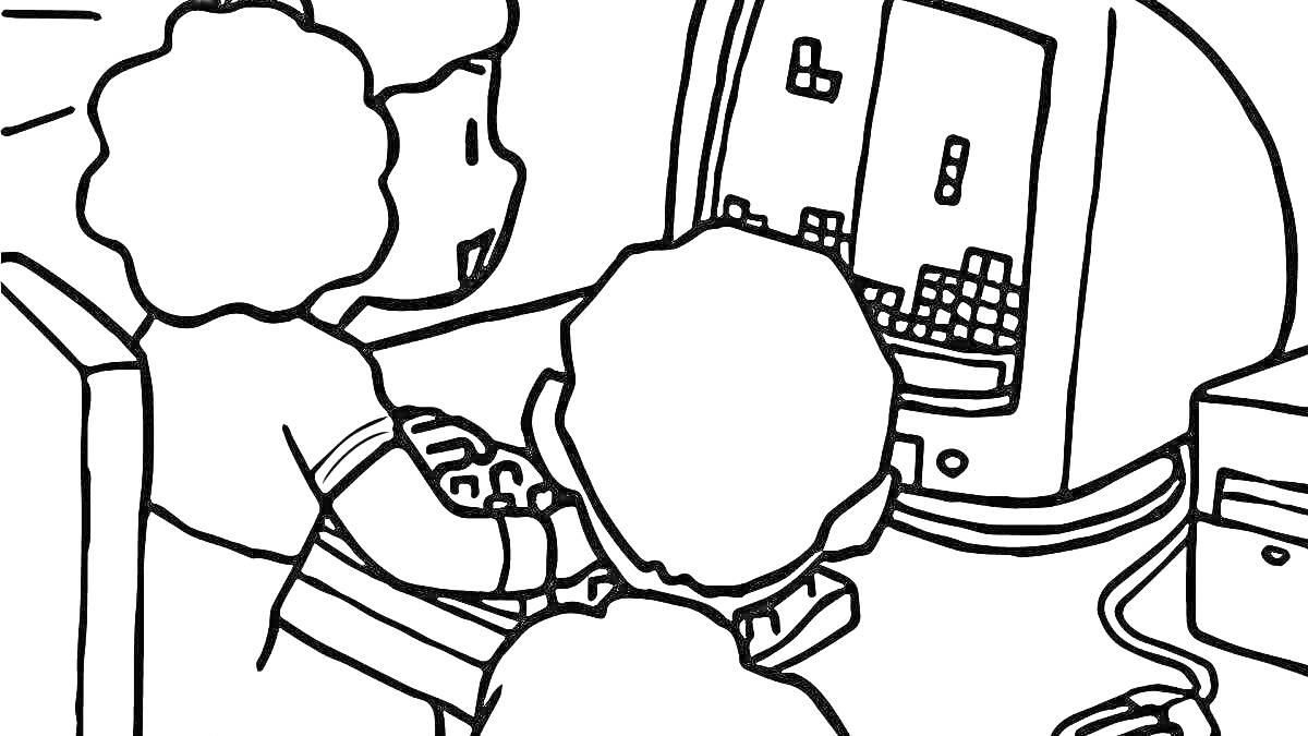 На раскраске изображено: Компьютер, Клавиатура, Системный блок, Тетрис, Игра, Ретро, Для детей