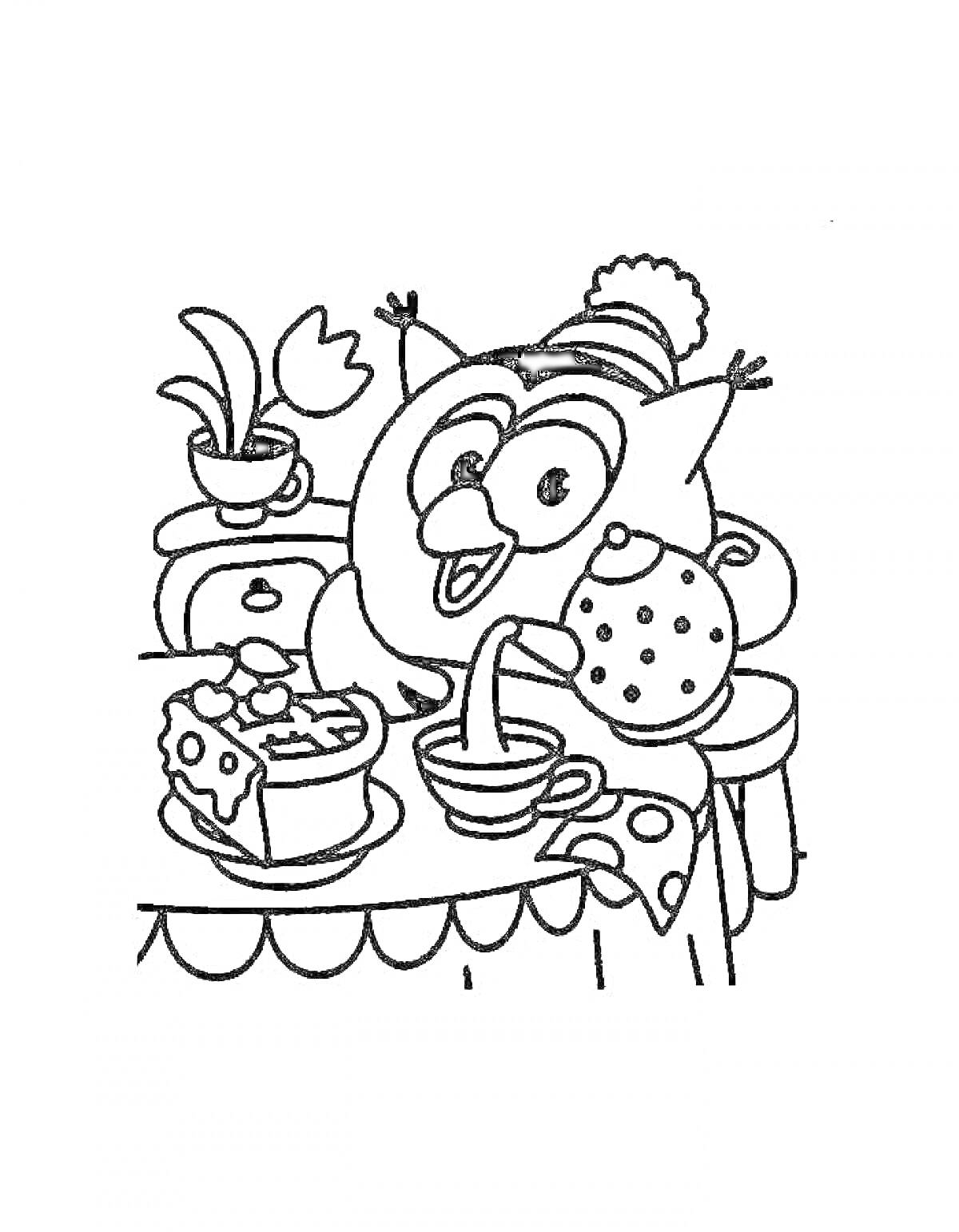 Раскраска Совунья на кухне с тортом, чайником, чашкой и цветком в горшке