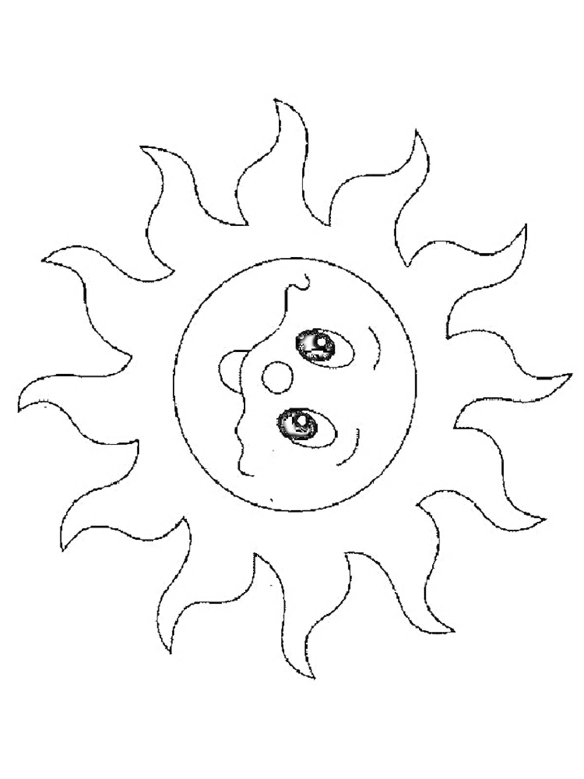 На раскраске изображено: Солнце, Лицо, Лучи, Для детей, Контурные рисунки