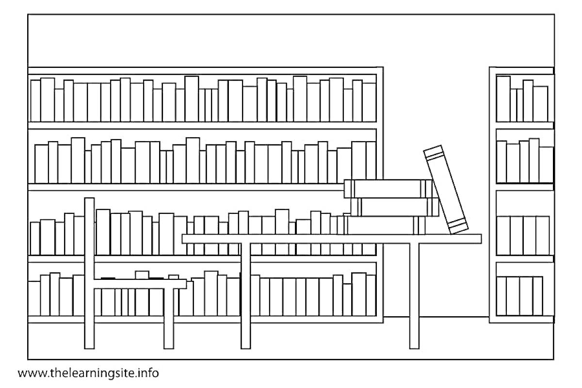 На раскраске изображено: Библиотека, Книжные полки, Стол, Стул, Учеба, Органайзер, Образование