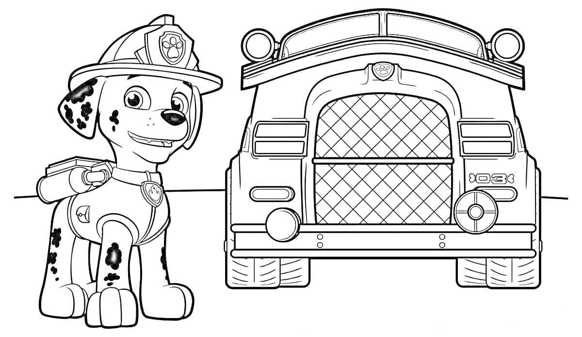 На раскраске изображено: Щенячий патруль, Далматинец, Пожарная машина, Собака