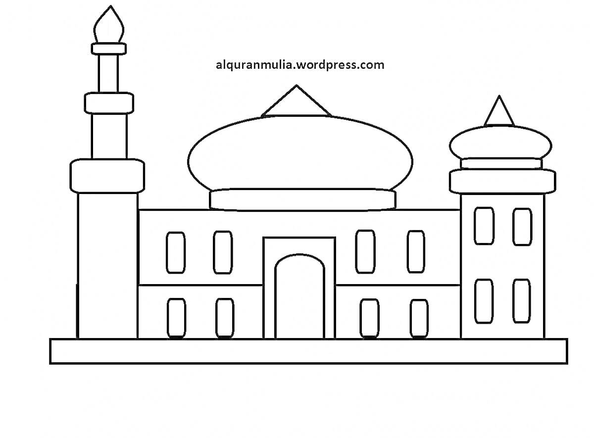 На раскраске изображено: Мечеть, Купола, Минарет, Архитектура, Религия, Строительство, Ислам
