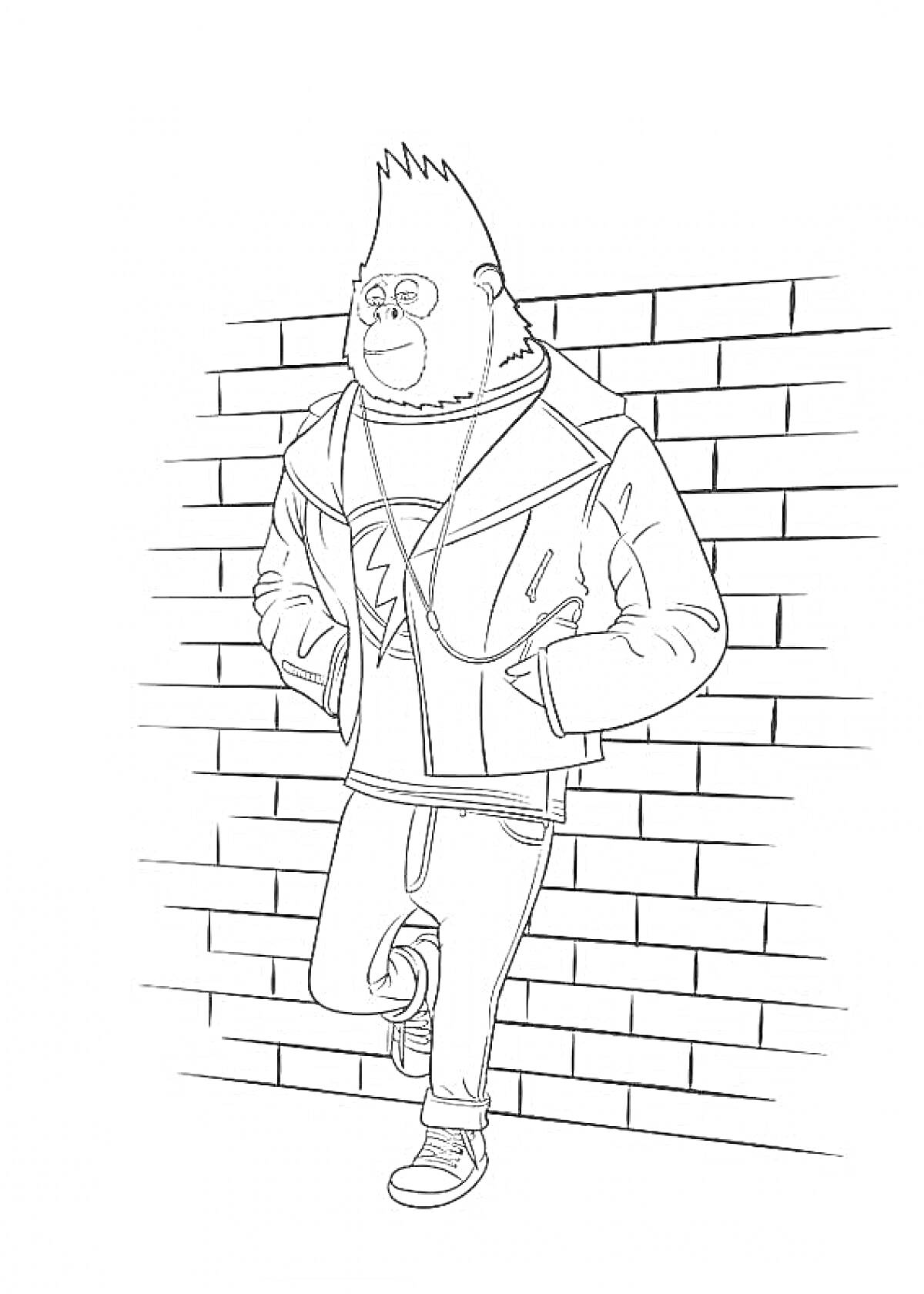 Обезьяна в куртке возле кирпичной стены