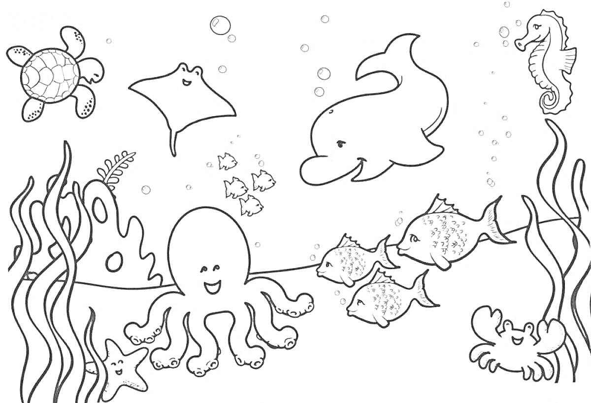 На раскраске изображено: Водоросли, Рыба, Морской конек, Краб, Черепаха, Скат, Подводный мир, Морские животные, Звезды, Дельфины, Осьминоги