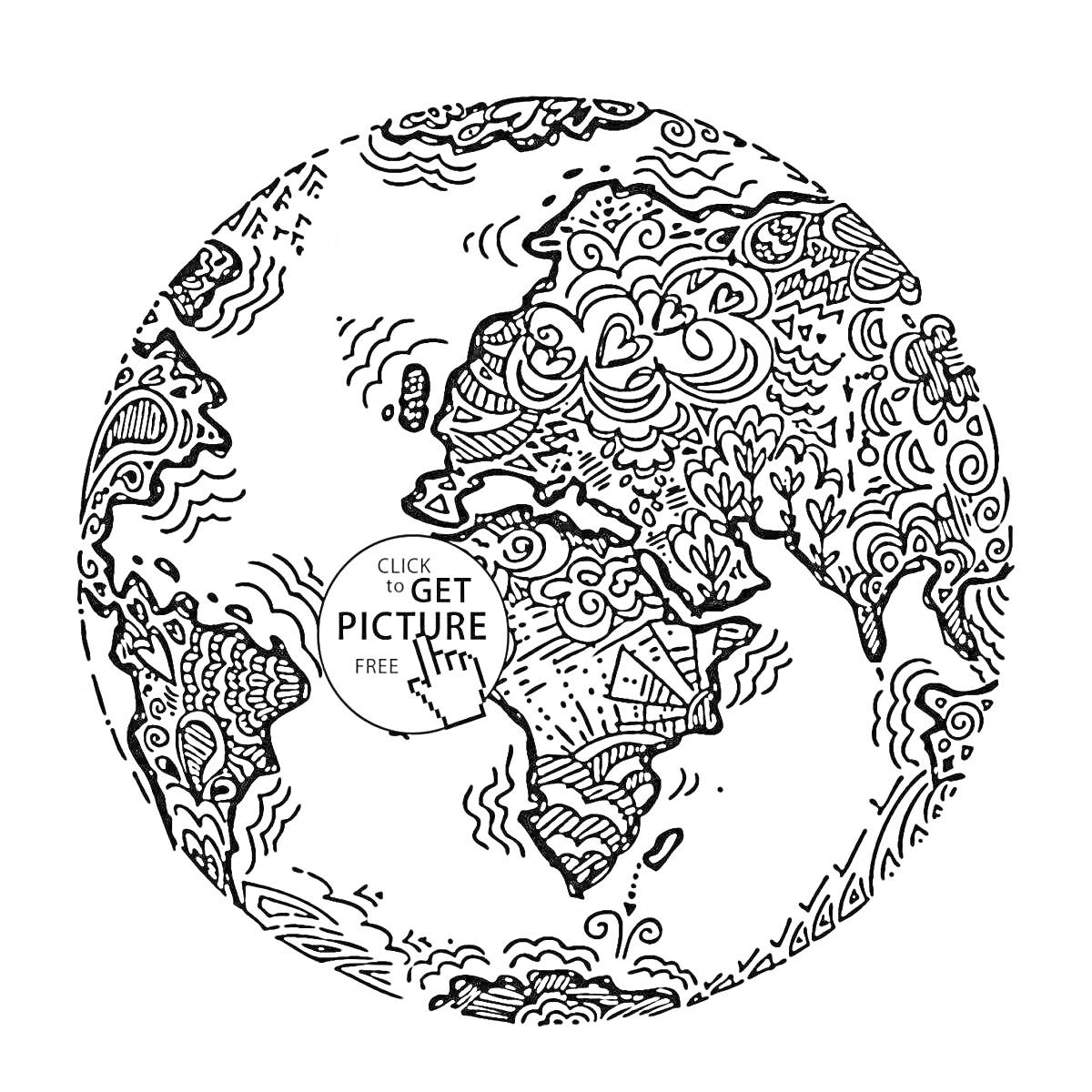 На раскраске изображено: Земля, Континенты, Узоры, Абстракция, Океаны
