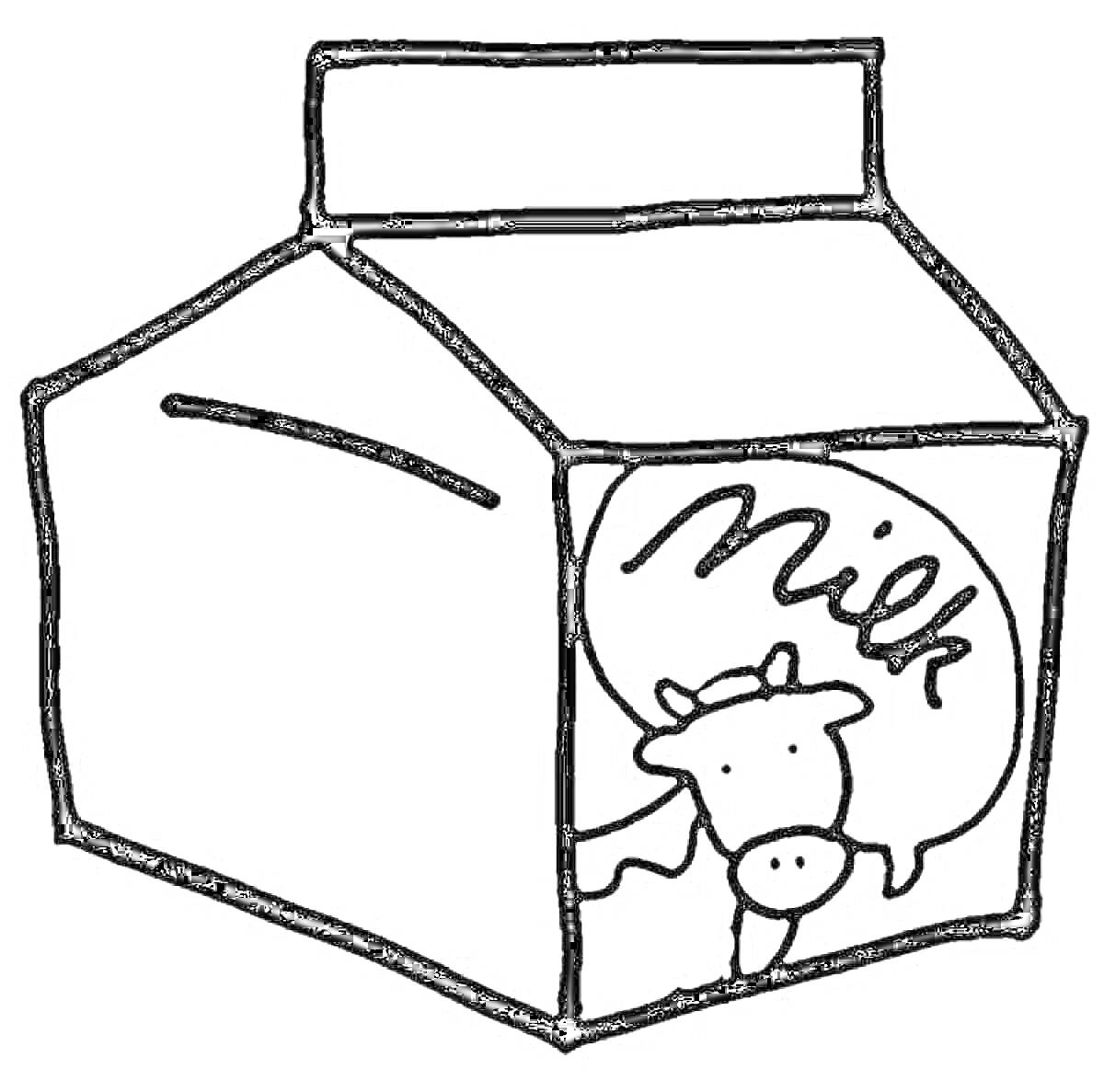 На раскраске изображено: Молоко, Коробка, Пакет, Корова, Надпись