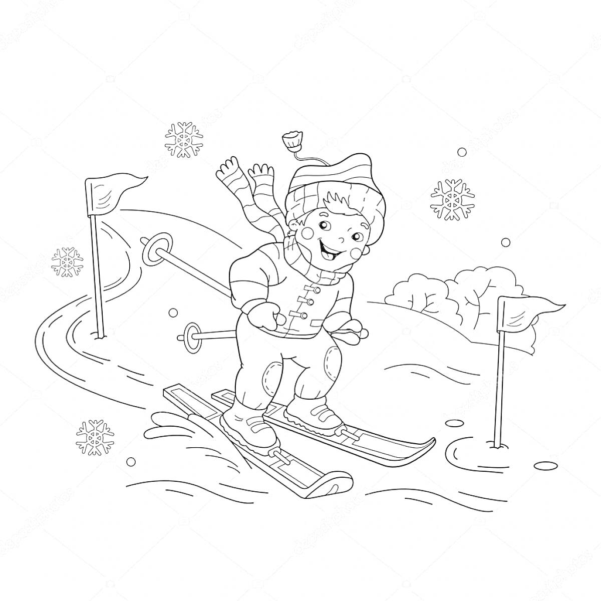 На раскраске изображено: Зимние виды спорта, Лыжи, Ребенок, Снежинки, Трасса, Кусты, Зима, 6 лет, 7 лет