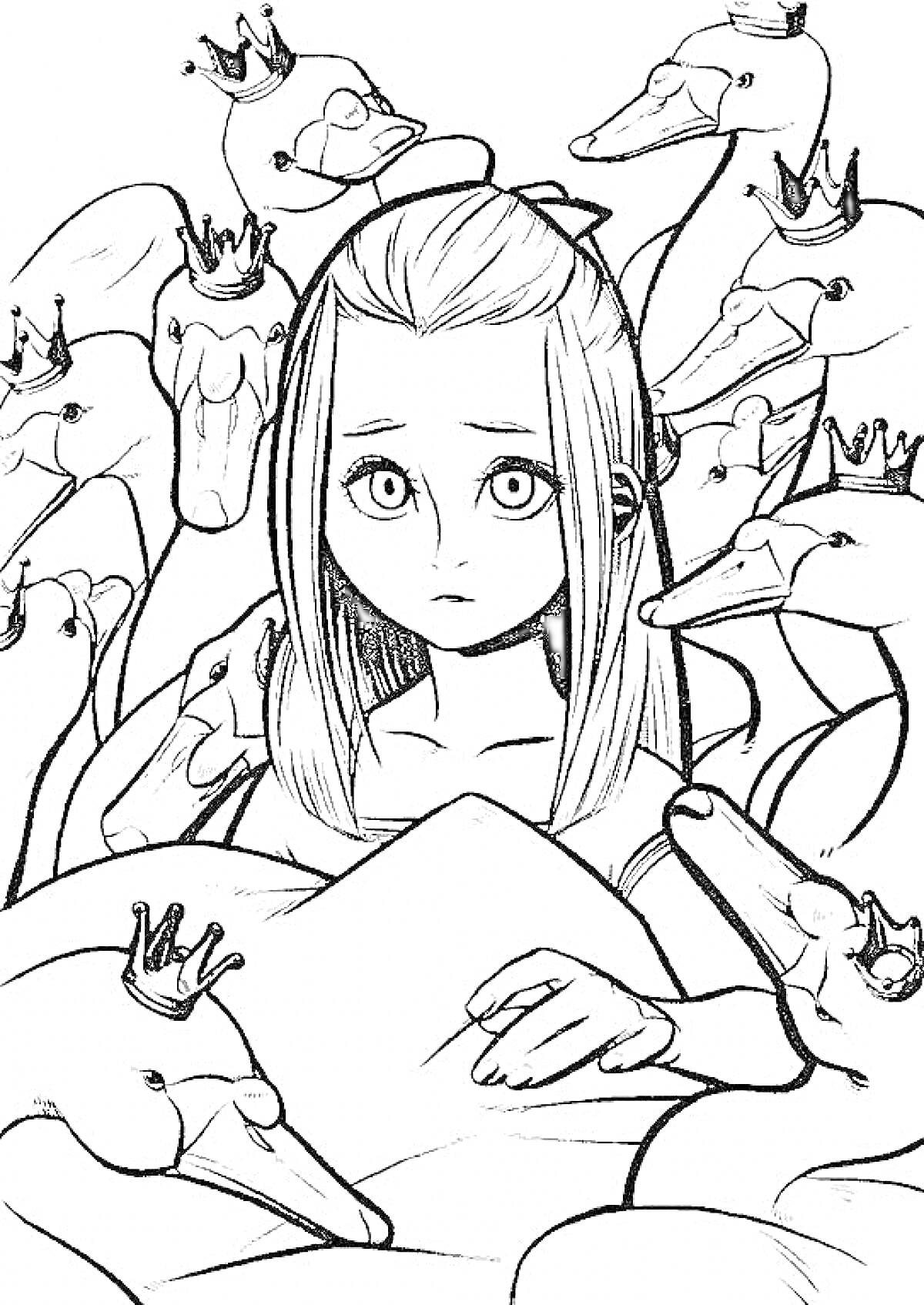 Раскраска Девушка окружена дикими лебедями в коронах