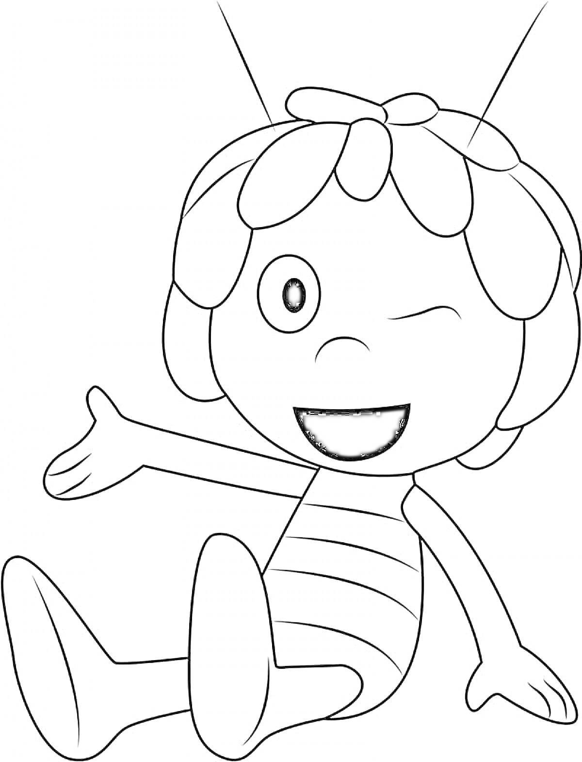 Раскраска Рисунок пчелки, которая сидит с подмигивающим глазом, двумя антеннами на голове и вытянутой рукой вперед.