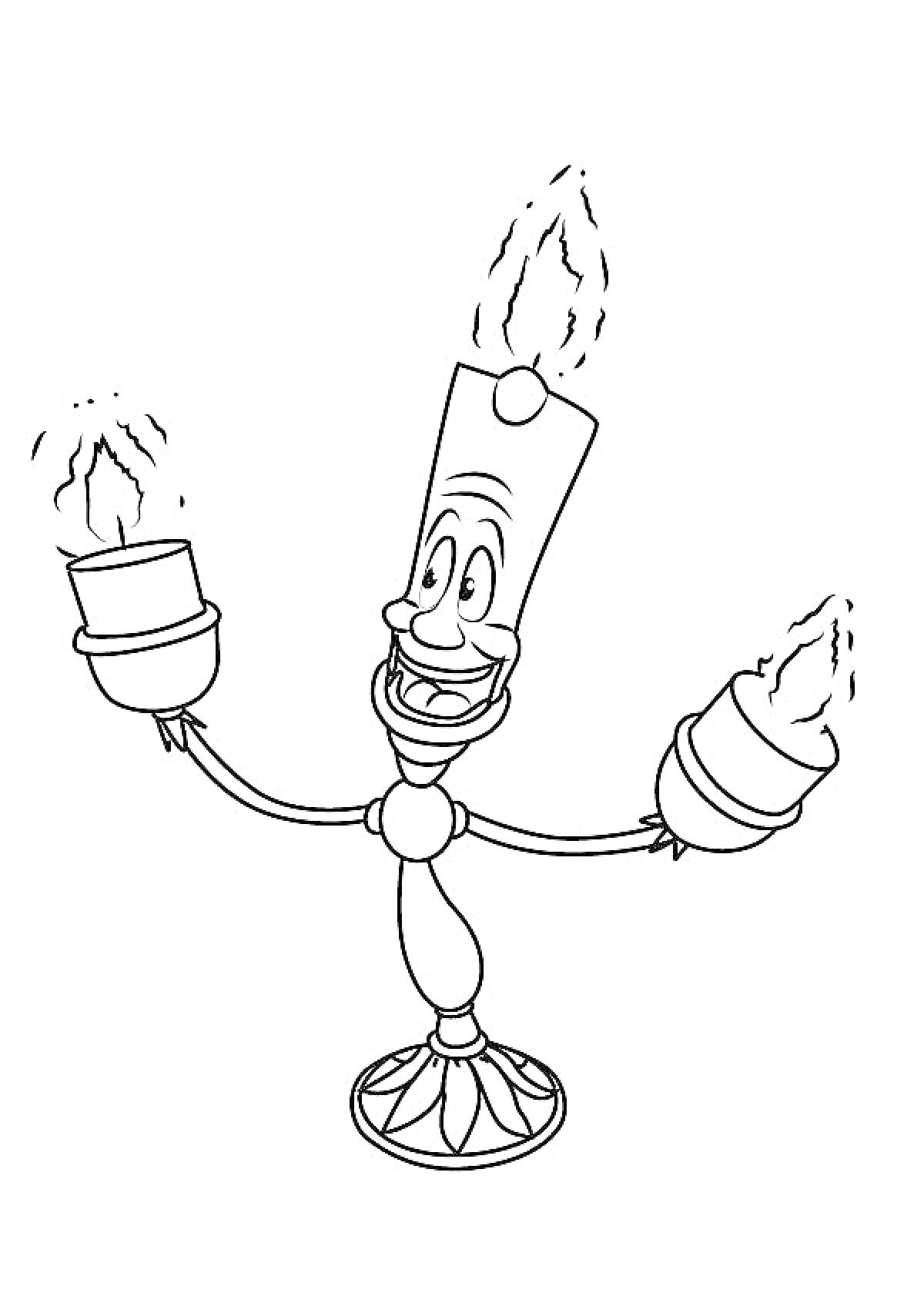 Раскраска Свеча с лицом и руками, держащая два огня, на подсвечнике
