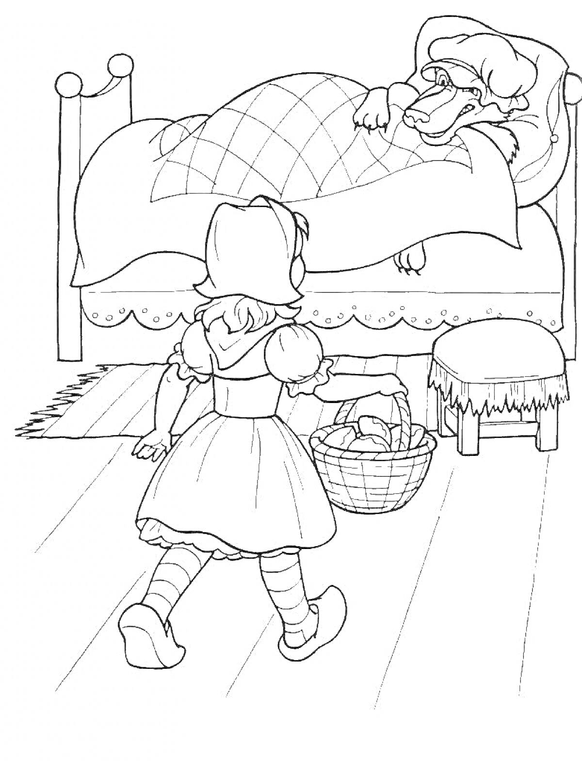 На раскраске изображено: Маленькая девочка, Плащ, Волк, Спальня, Красная Шапочка