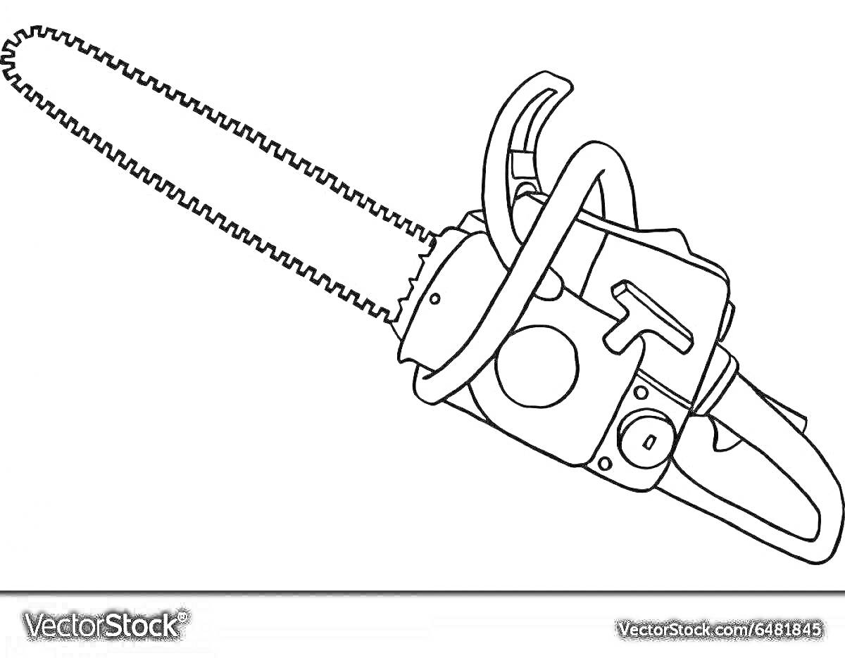 На раскраске изображено: Бензопила, Инструмент, Рукоятка, Зубчатое лезвие, Деревообработка, Техника безопасности