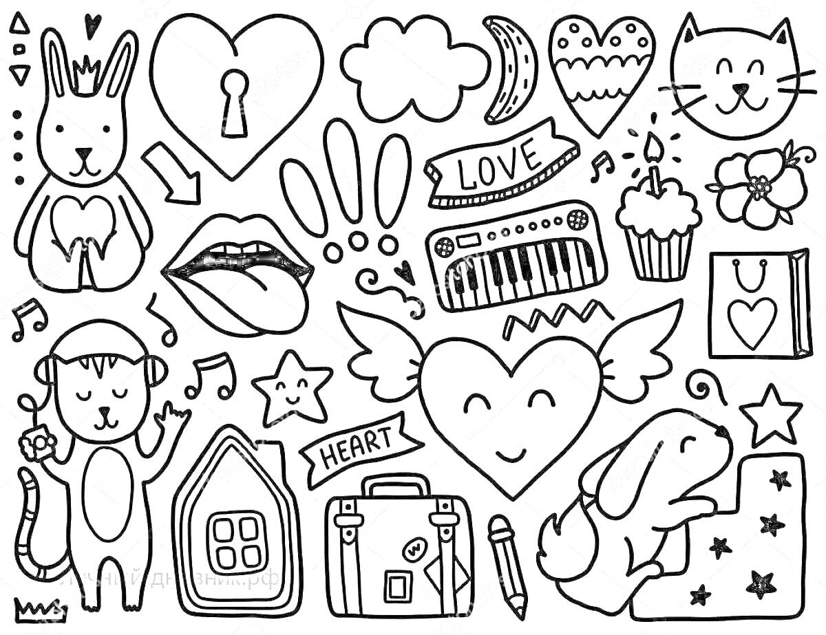 Раскраска Наклейки для лп с животными, сердцами, музыкальными элементами и повседневными предметами
