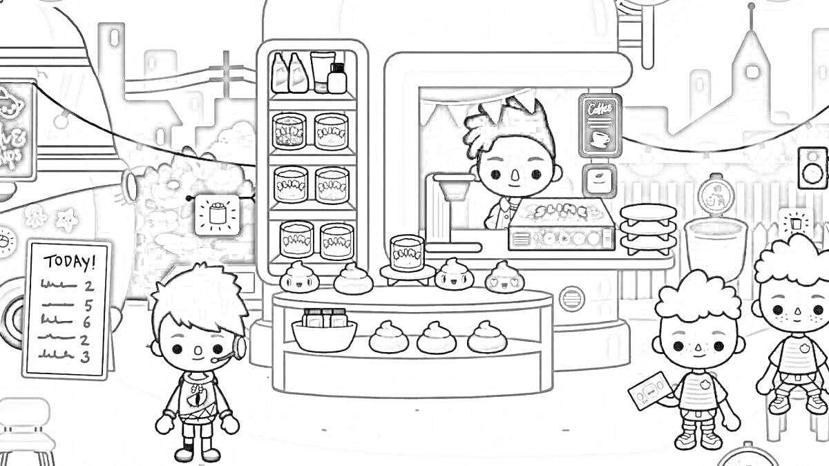 Раскраска Магазин Тока Бока с продавцом за прилавком, полками с продуктами, прилавком с фруктами, табло с ценами и тремя покупателями