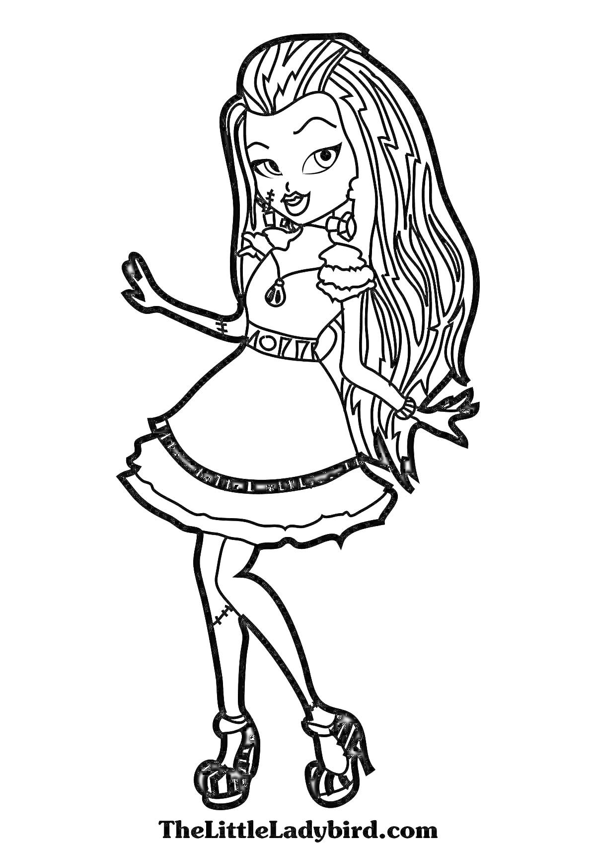 Раскраска Девочка с длинными волосами в платье, на платформе, с ожерельем