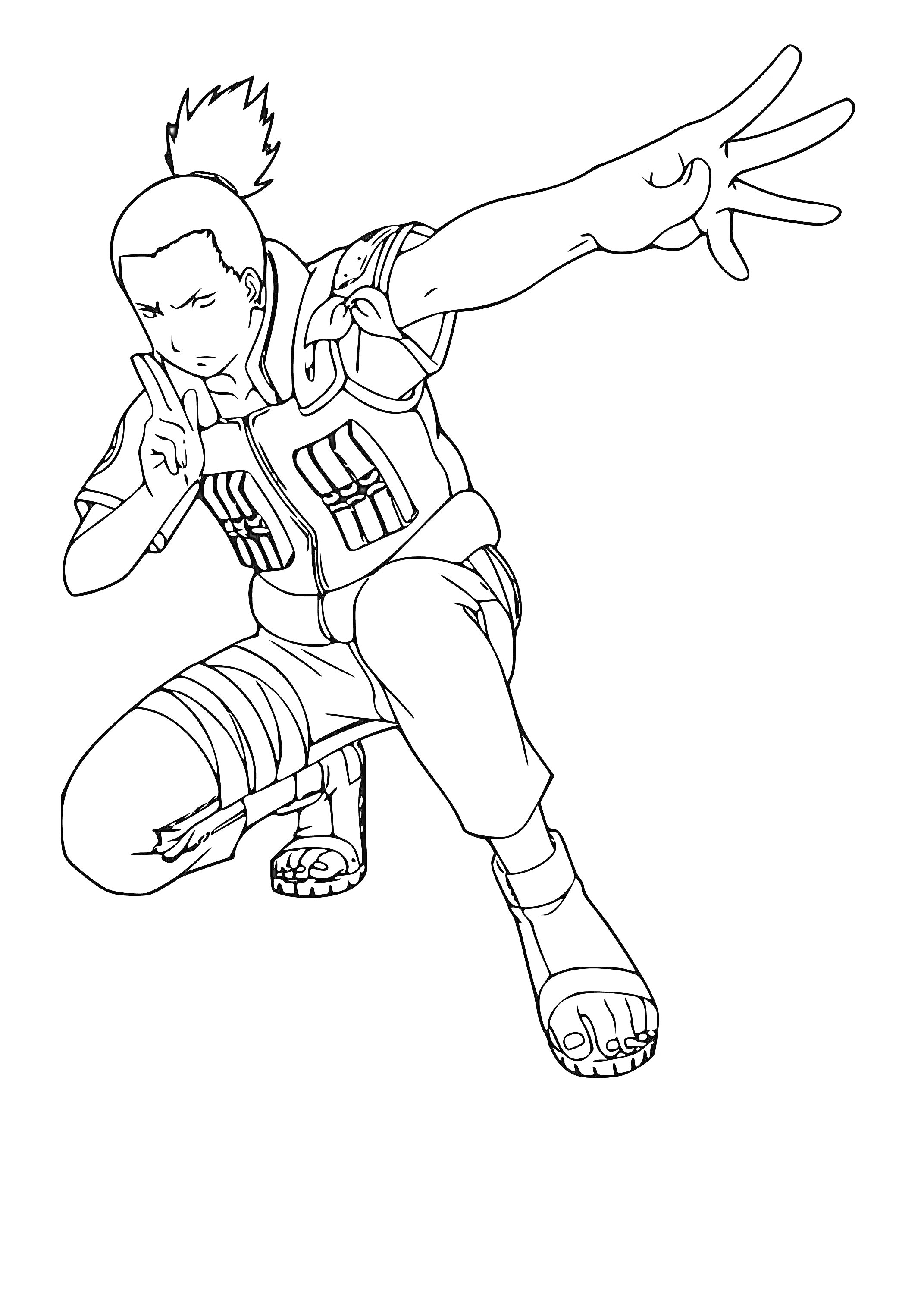 Раскраска Шикамару в боевой стойке с поднятой рукой и снаряжением шиноби