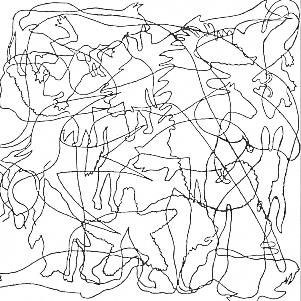 Раскраска Животные среди линий - собака, кролик, слон, лошадь, лев, коза, бык, олень, верблюд, зебра, кот