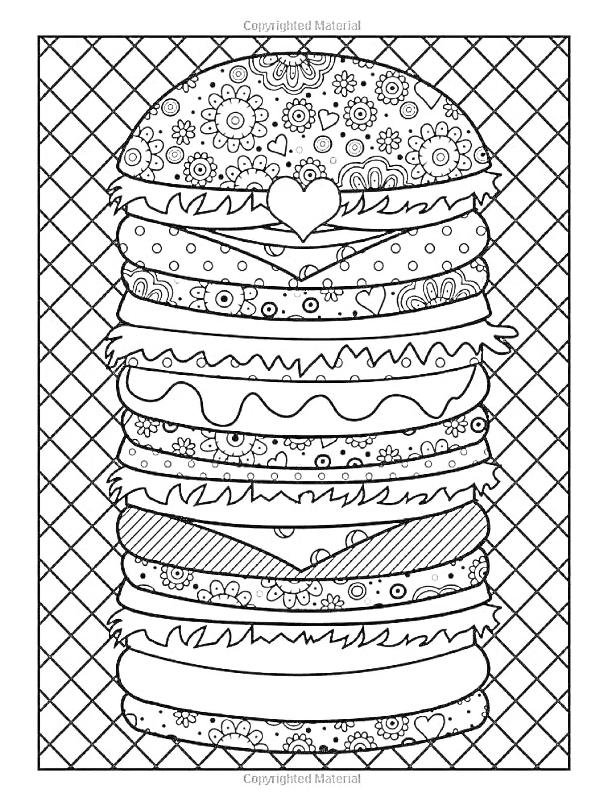 Раскраска Гигантский бургер с узорчатой булкой, сырами и овощами на решетчатом фоне