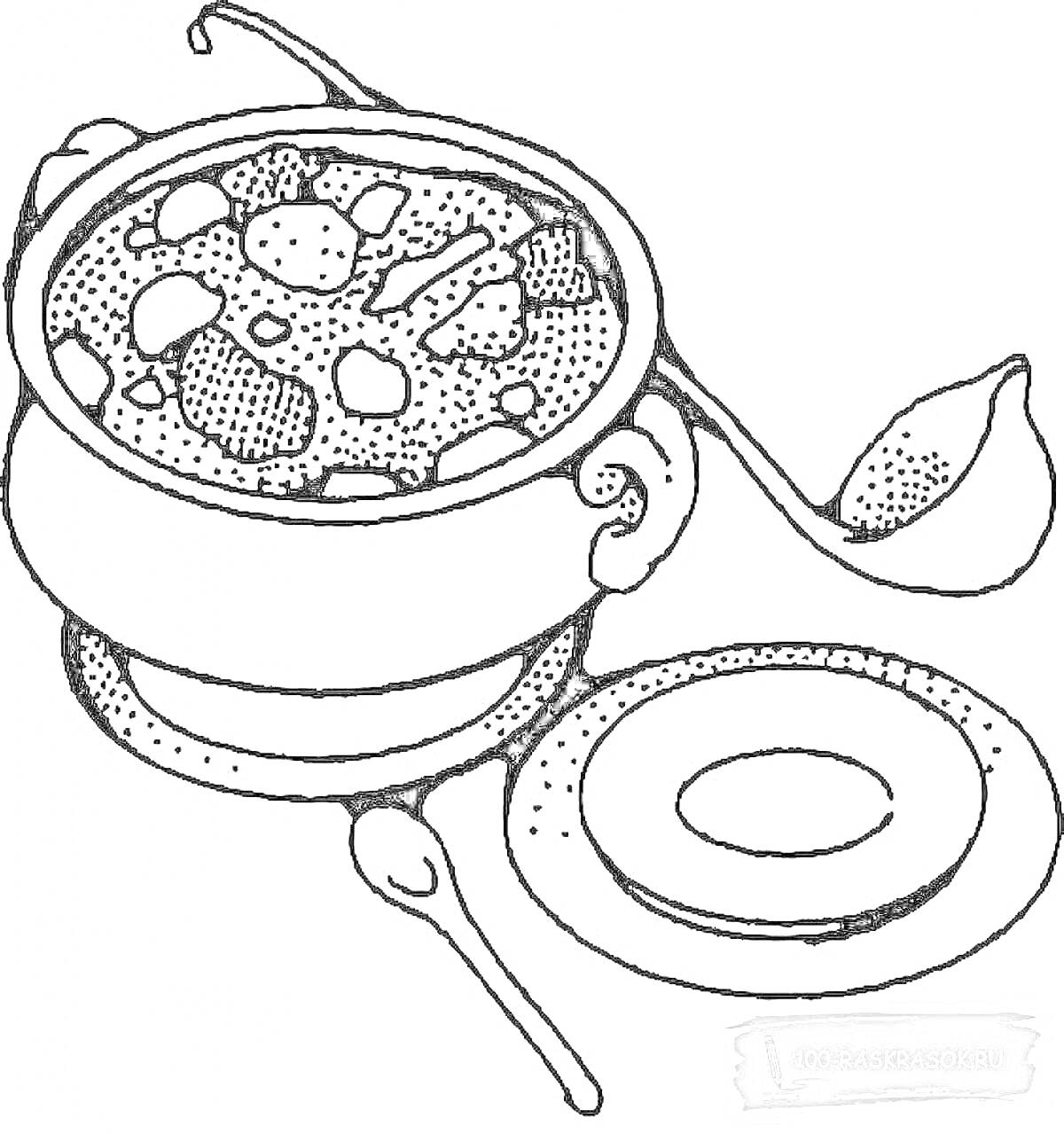 Раскраска Суп в кастрюле с черпаком и ложкой на тарелке