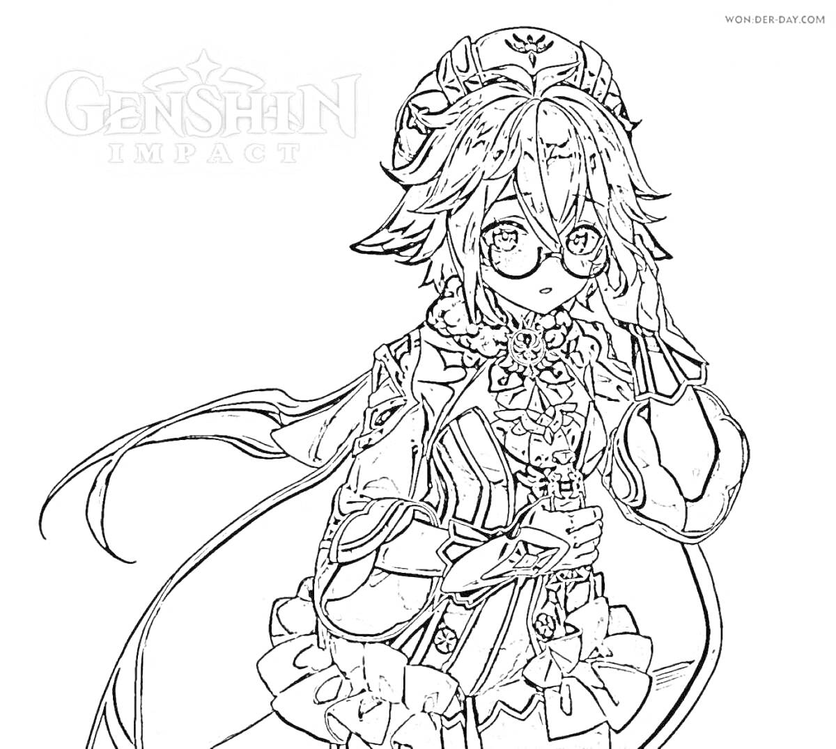 Раскраска Раскраска по игре Genshin Impact с персонажем в очках и шляпе