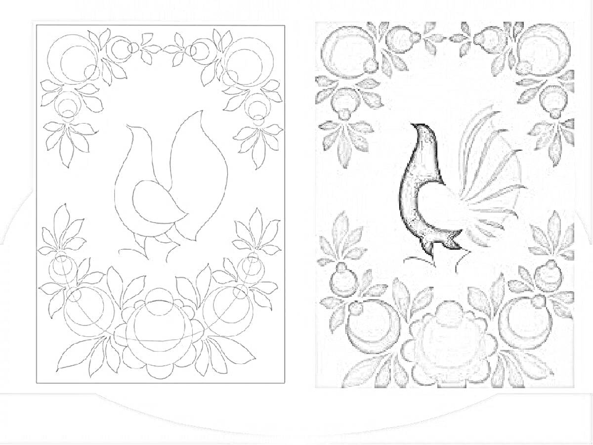 Птица с декоративными цветами и листьями в стиле городецкой росписи
