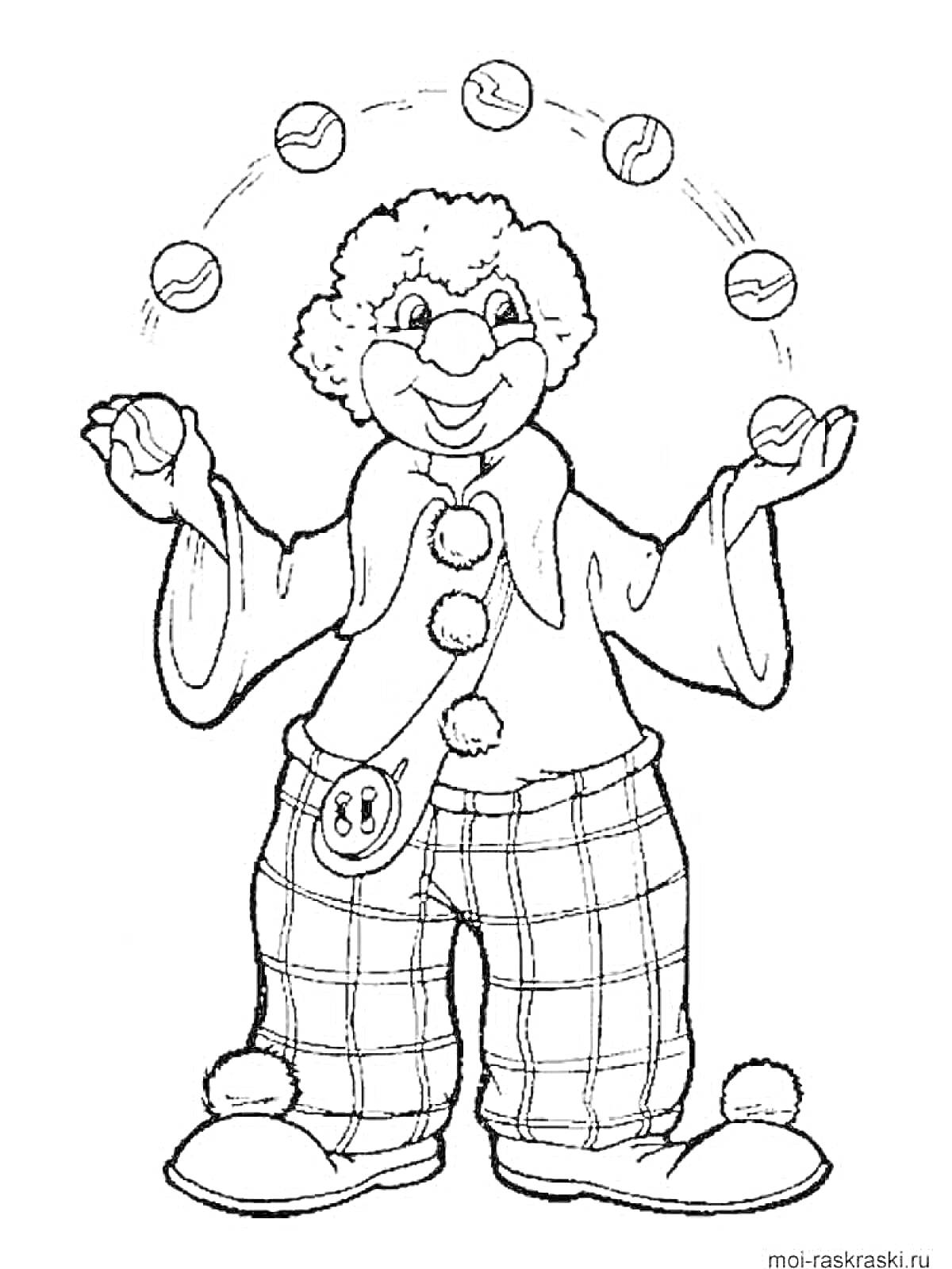 Раскраска Клоун-жонглер с мячами в штанах в клетку и клоунскими туфлями