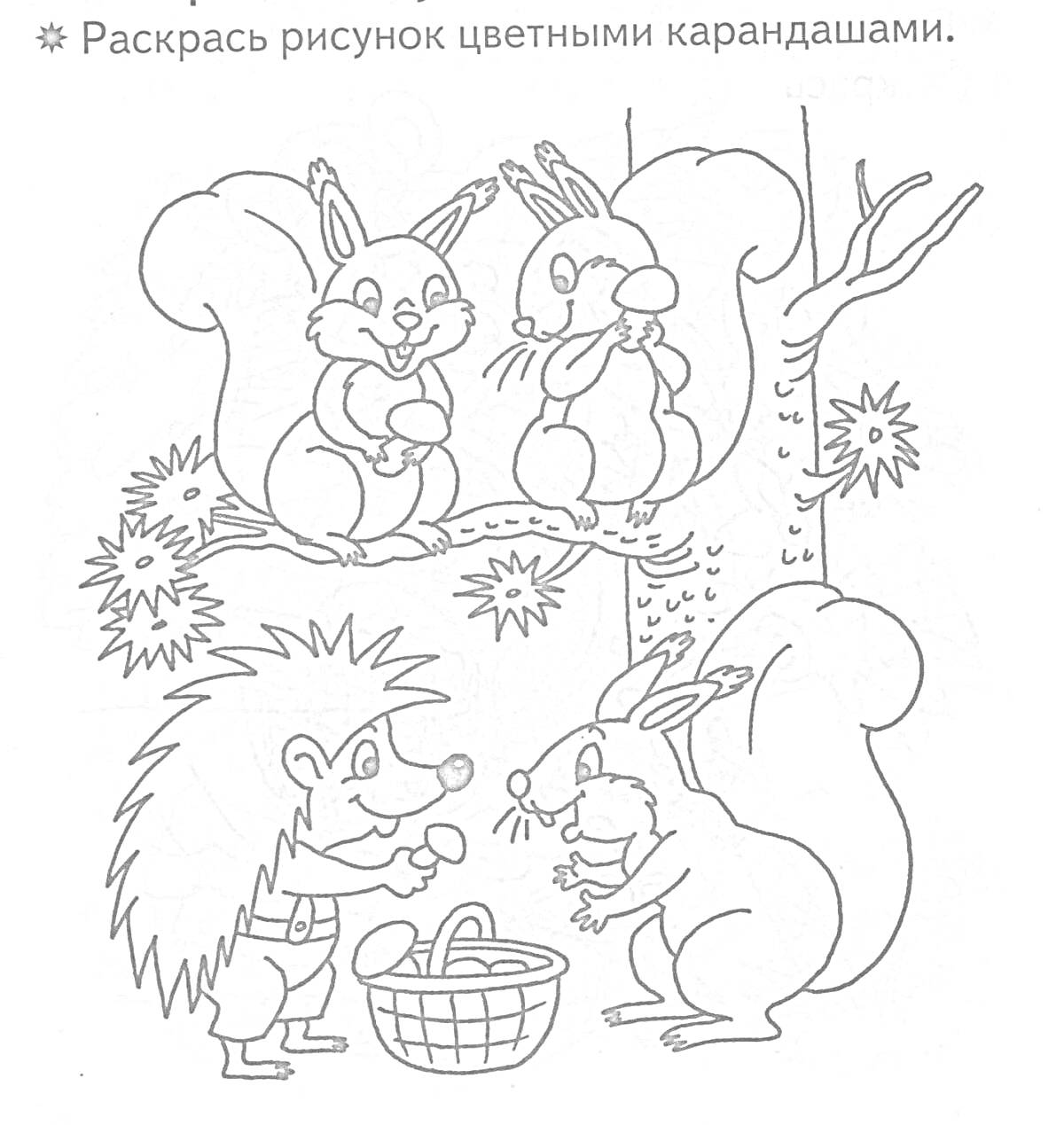 Раскраска ежик с корзиной и белки на дереве