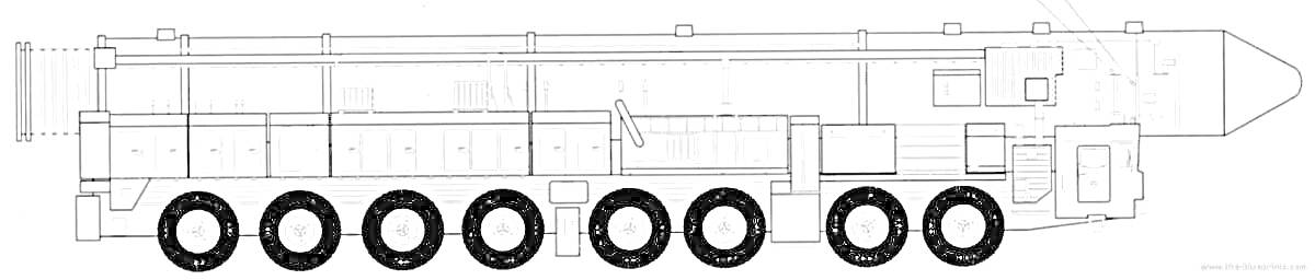 Тополь М, военная ракета на колесном шасси, боковой вид