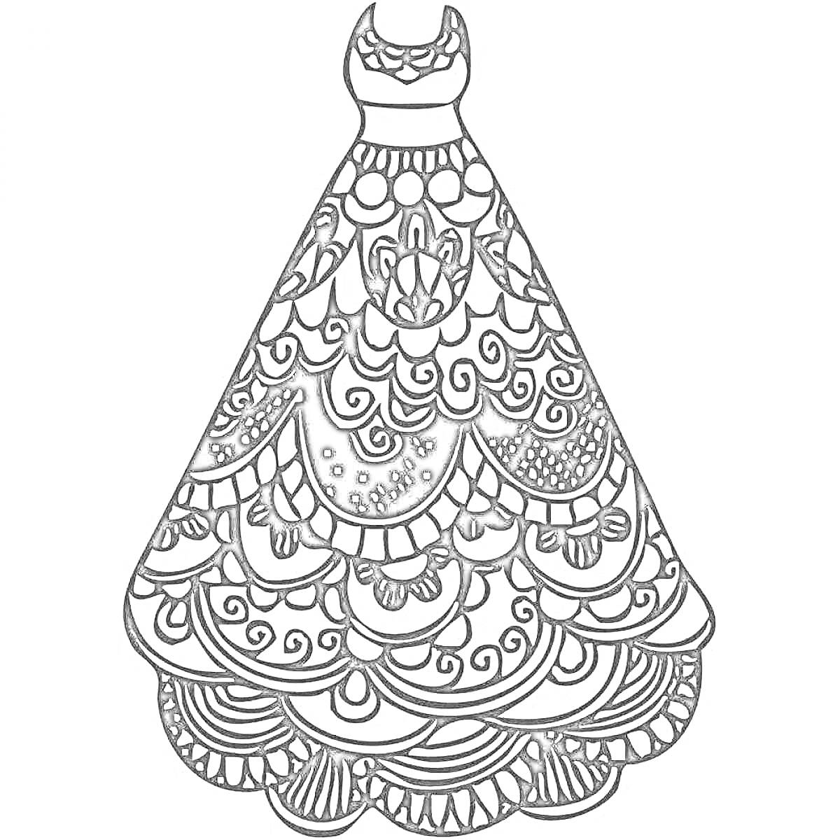 Раскраска Платье с узорами, волнистый нижний край, кружево на бюсте, декоративные элементы по всей поверхности