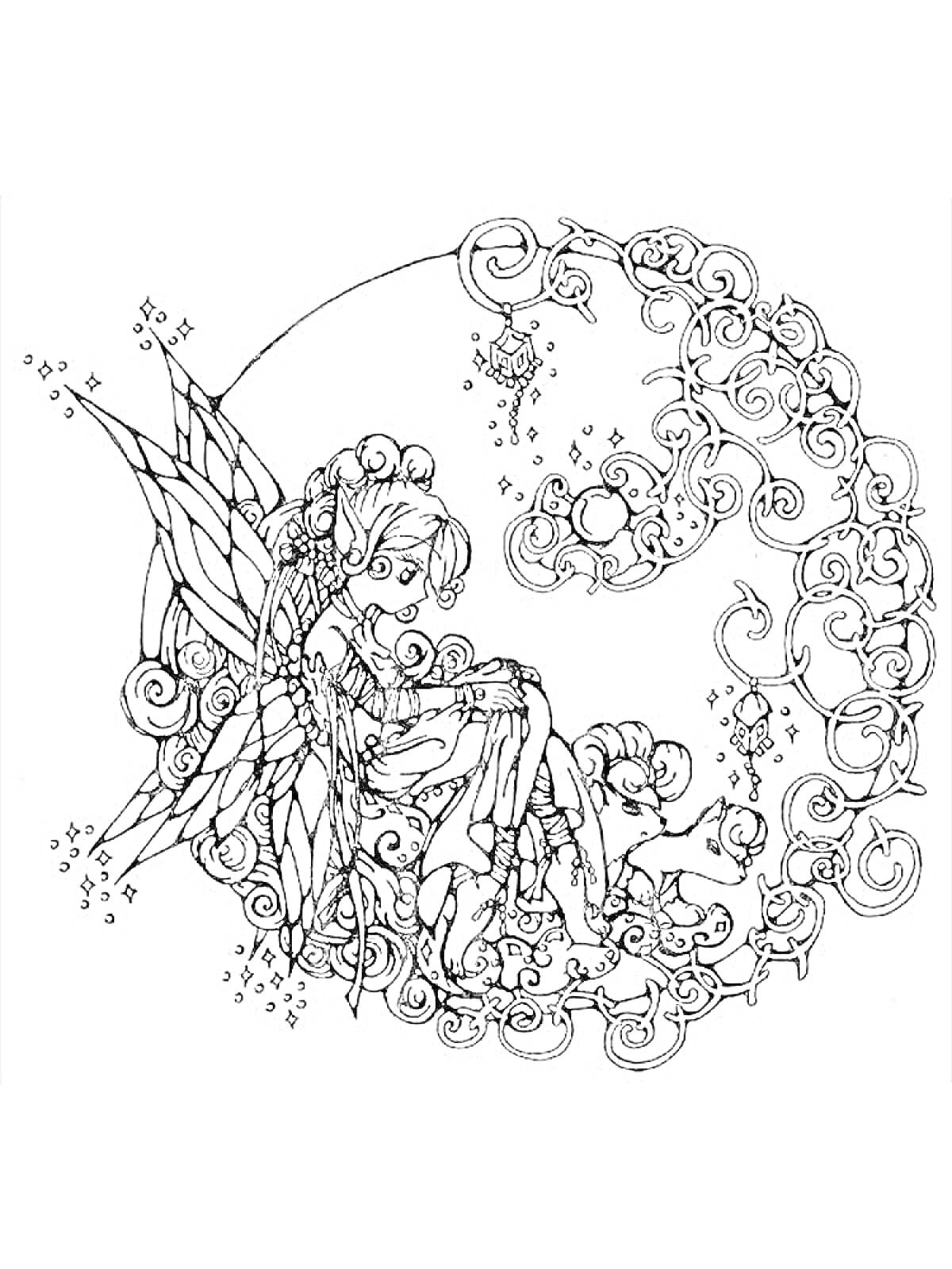 Раскраска Аниме фея сидящая на изогнутой ветке с завитками и бабочками, с длинными крыльями, ночными светильниками и музыкальными нотами вокруг.