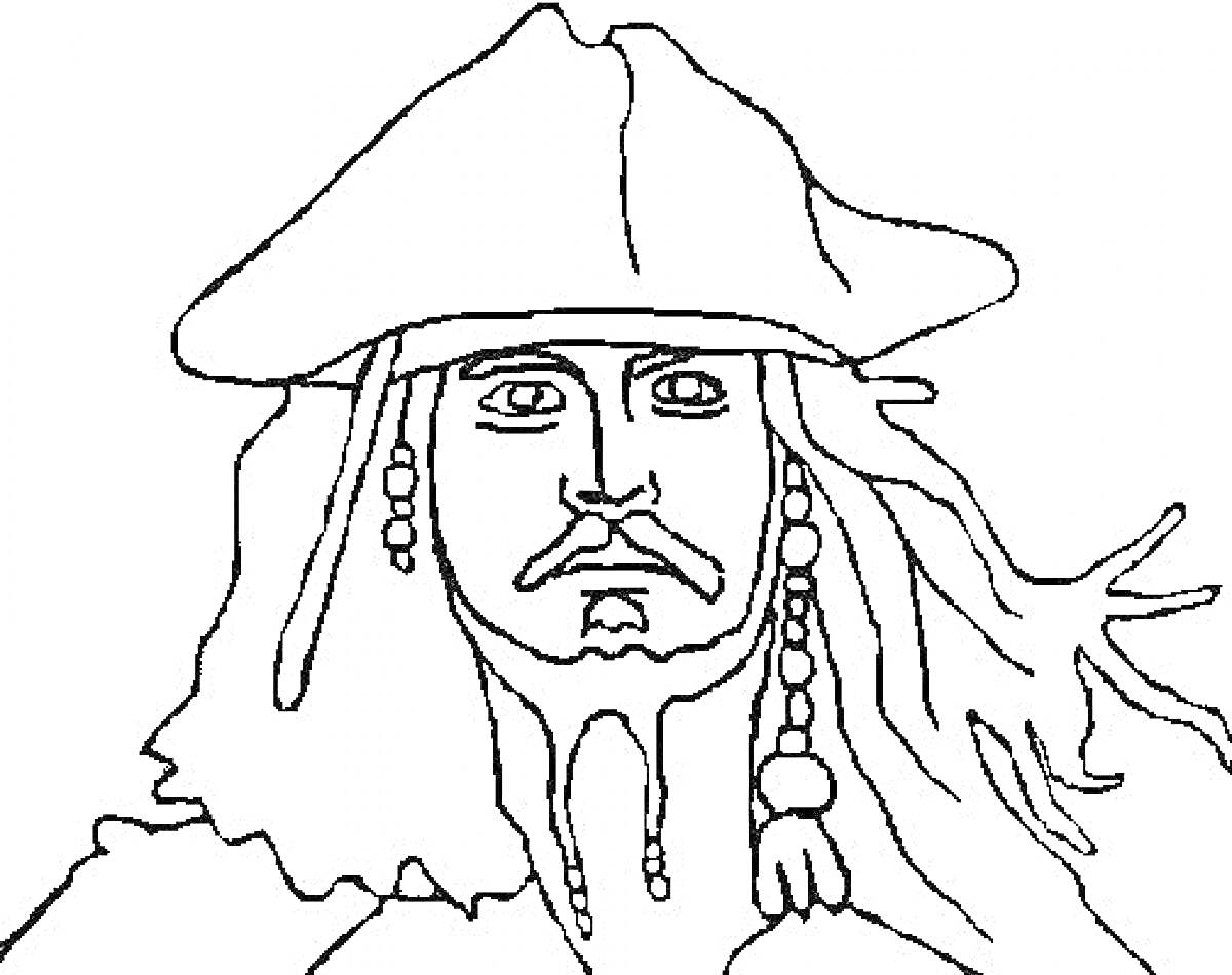 Раскраска Портрет капитана пирата в шляпе с длинными волосами и украшениями в виде бус и серьги