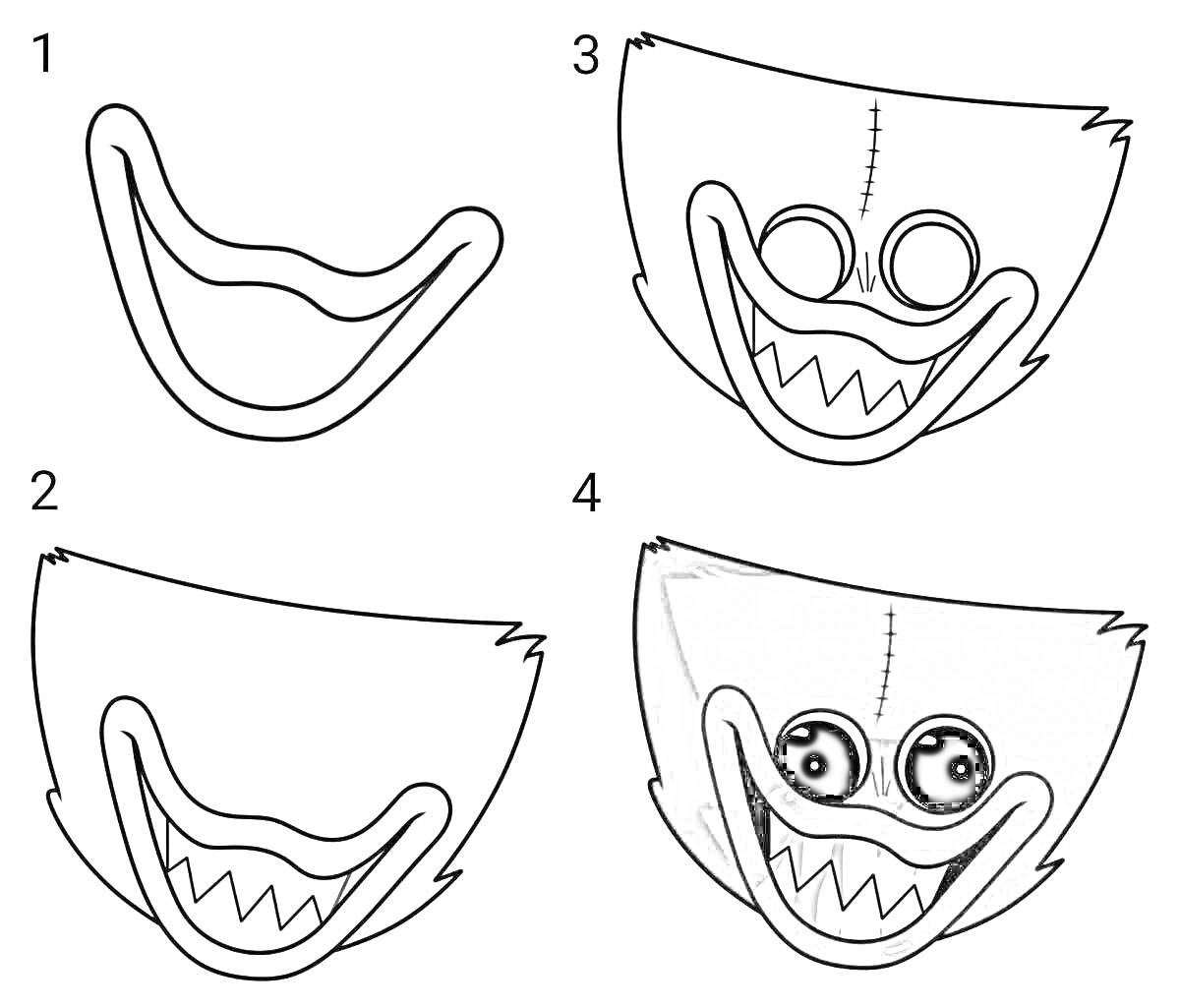 Раскраска Пошаговая раскраска головы Хагги Вагги с зубами и глазами