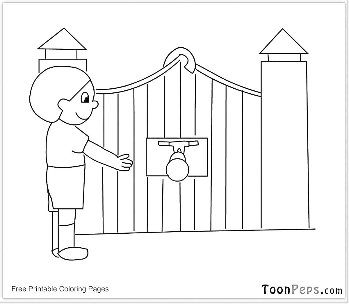 Раскраска Мальчик открывает ворота с двумя башенками и дверным молотком