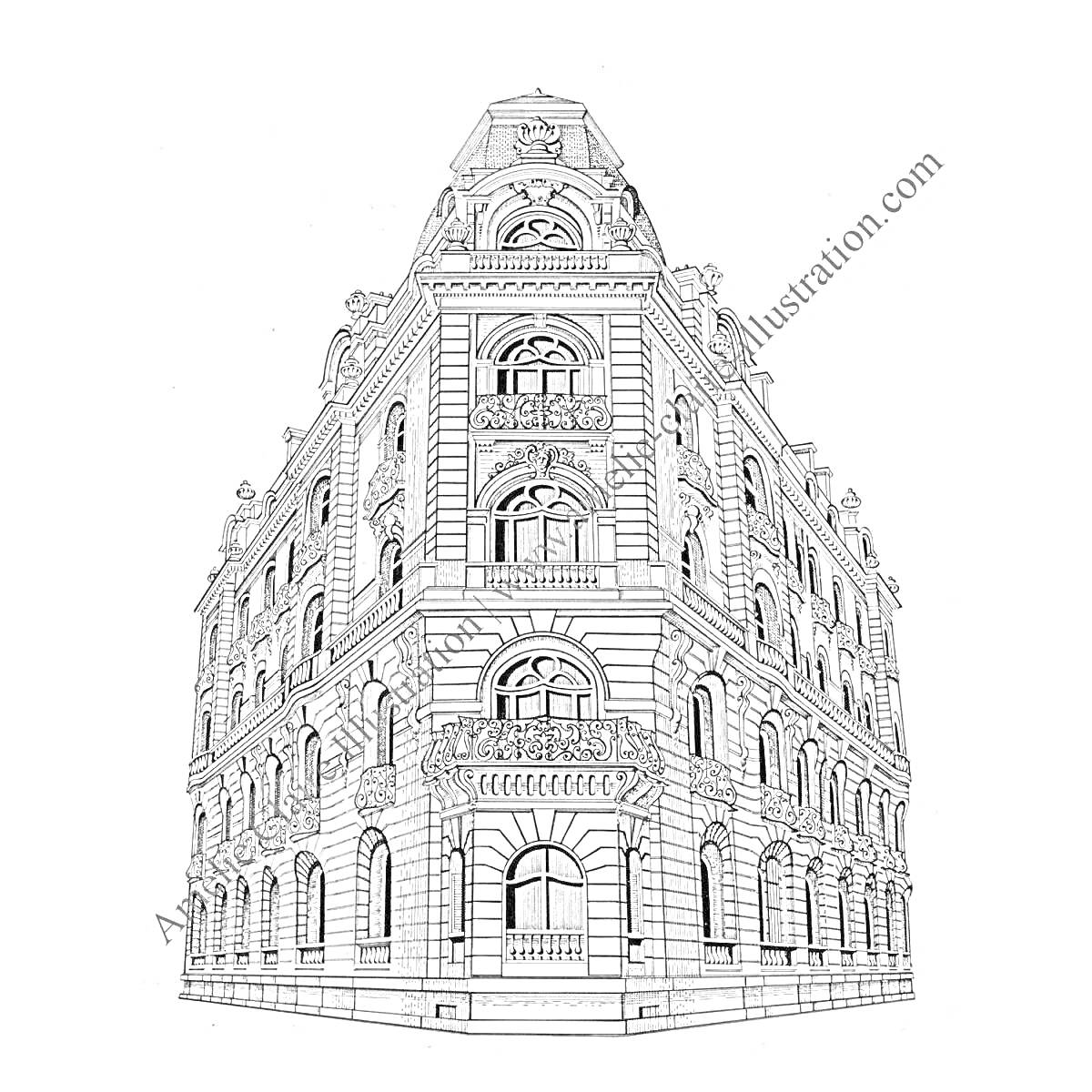 Раскраска Здание в стиле модерн с арками, многочисленными эркерами, балконами и богатым орнаментом по фасаду