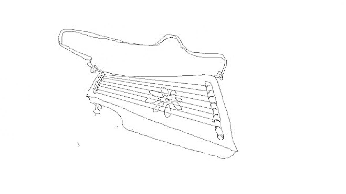 Раскраска Гусли с декоративным элементом в виде цветка и струнами